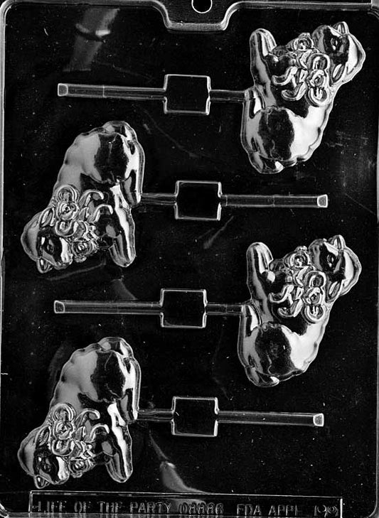 Chocolate Lollipop mold shaped as lamb with bow detail.