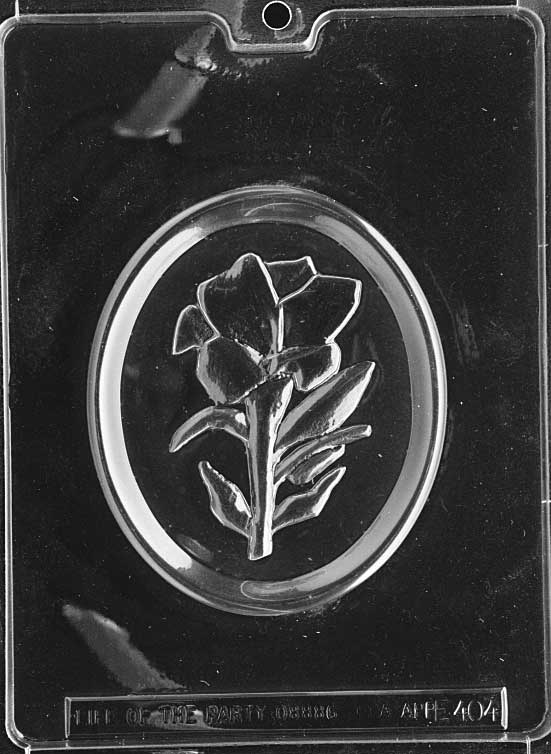 OVAL LILLY mold with embossed lily flower on smooth oval chocolate base.