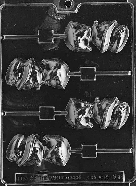 CHICK WITH HAT Lollipop mold showing smiling chick in a bonnet, made for pops.