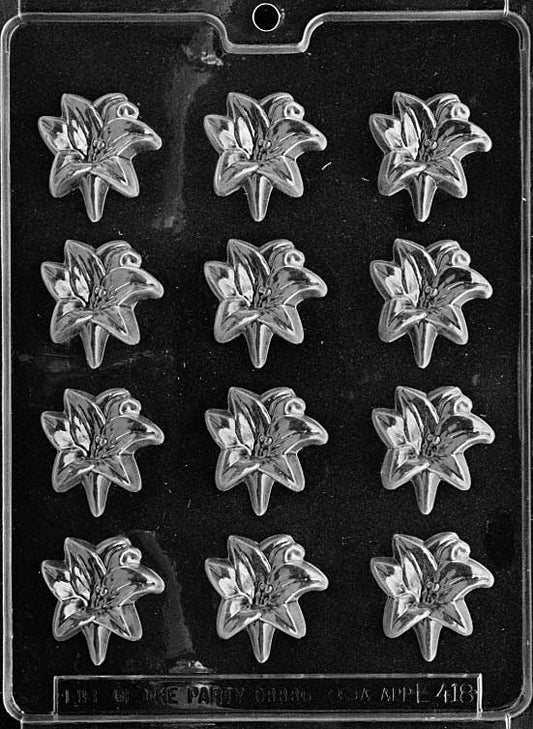 Bite-Sized LILLY mold with small round chocolate featuring a stylized lily flower.