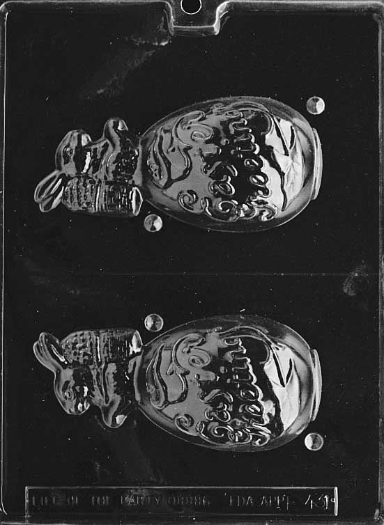 H.E. WITH BUNNY EGG mold showing bunny and egg combination with playful expression.