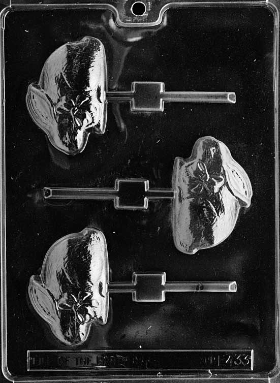 BUNNY WITH BOW Lollipop mold showing upright bunny with bow accent, designed for pops.