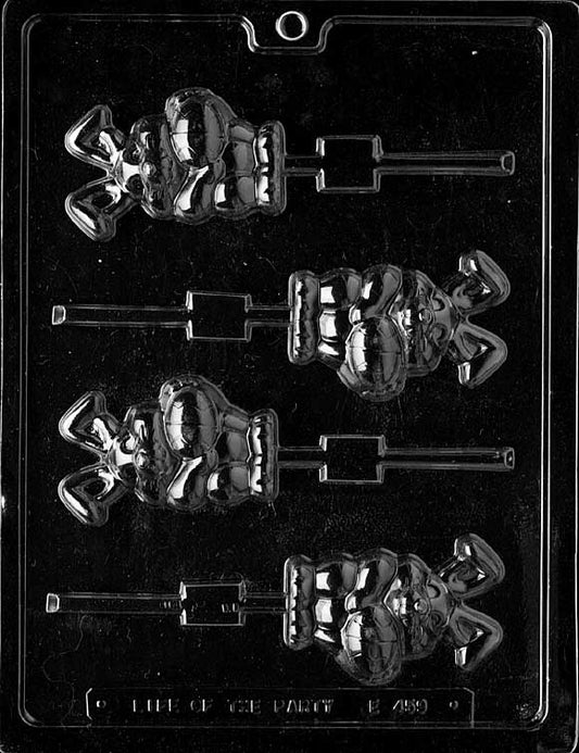 RABBIT W/EGG Lollipop mold showing bunny clutching egg on Lollipop stick.