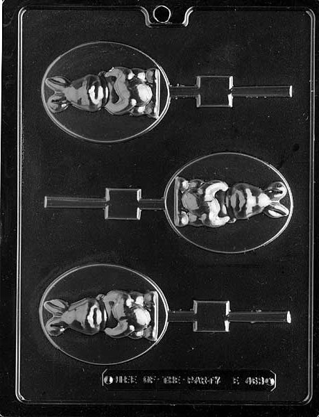 RABBIT ON OVAL Lollipop mold showing bunny figure centered on oval backdrop.