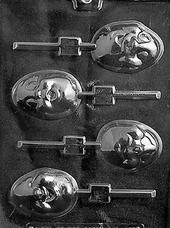 EGG HEAD Lollipop mold showing egg-shaped chocolate with comical face.