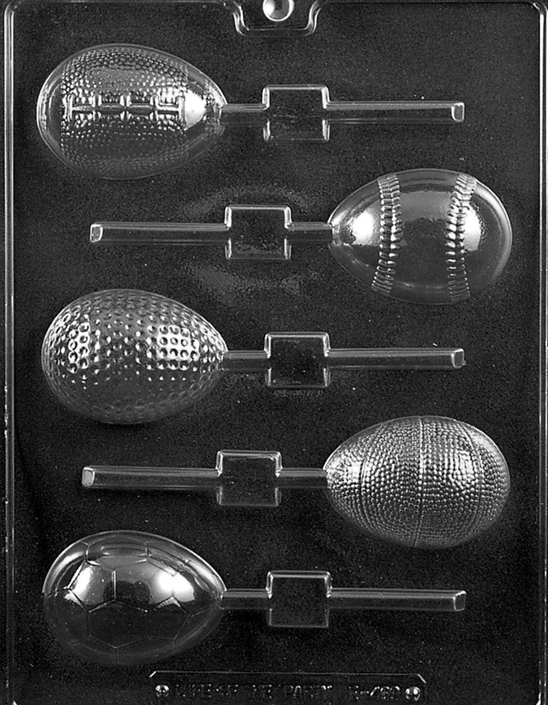 SPORTS THEMED EGGS Lollipop mold showing sports ball eggs on pop sticks.