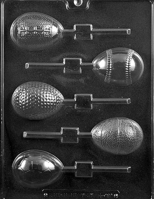SPORTS THEMED EGGS Lollipop mold showing sports ball eggs on pop sticks.
