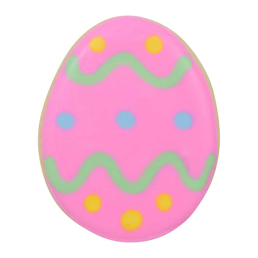 Easter egg-shaped cookie decorated with pink icing, pastel dots, and wavy green lines.