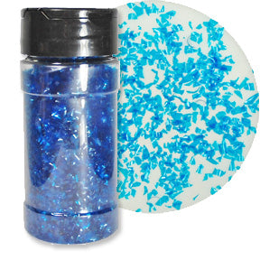 A bottle of blue edible glitter flakes with a close-up showing their shimmering texture.