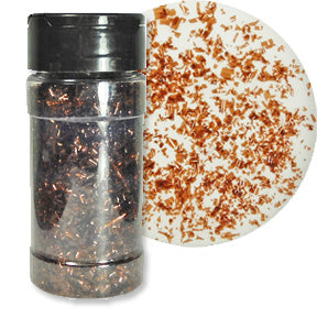 A bottle of brown edible glitter flakes with a close-up showing their shimmering texture.