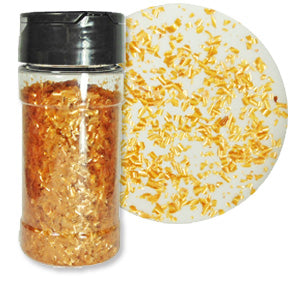 A bottle of copper edible glitter flakes with a close-up showing their shimmering texture.