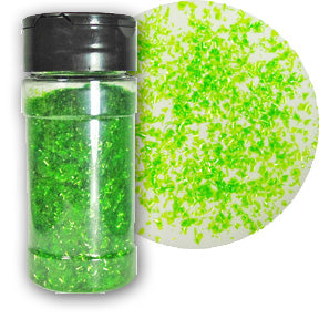 A bottle of green edible glitter flakes with a close-up showing their shimmering texture.