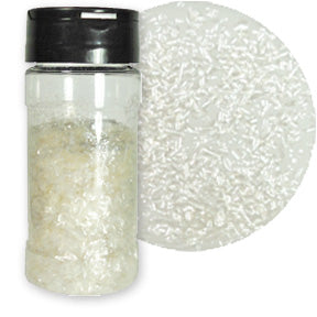 A bottle of pearl colored edible glitter flakes with a close-up showing their shimmering texture.