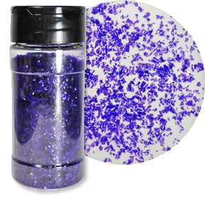 A bottle of purple edible glitter flakes with a close-up showing their shimmering texture.