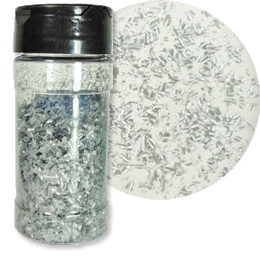 A bottle of silver edible glitter flakes with a close-up showing their shimmering texture.