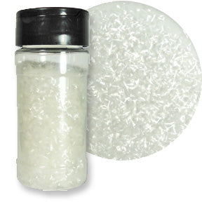 A bottle of white edible glitter flakes with a close-up showing their shimmering texture.