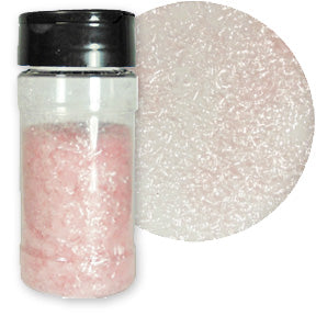 A bottle of pastel pink edible glitter flakes with a close-up showing their shimmering texture.