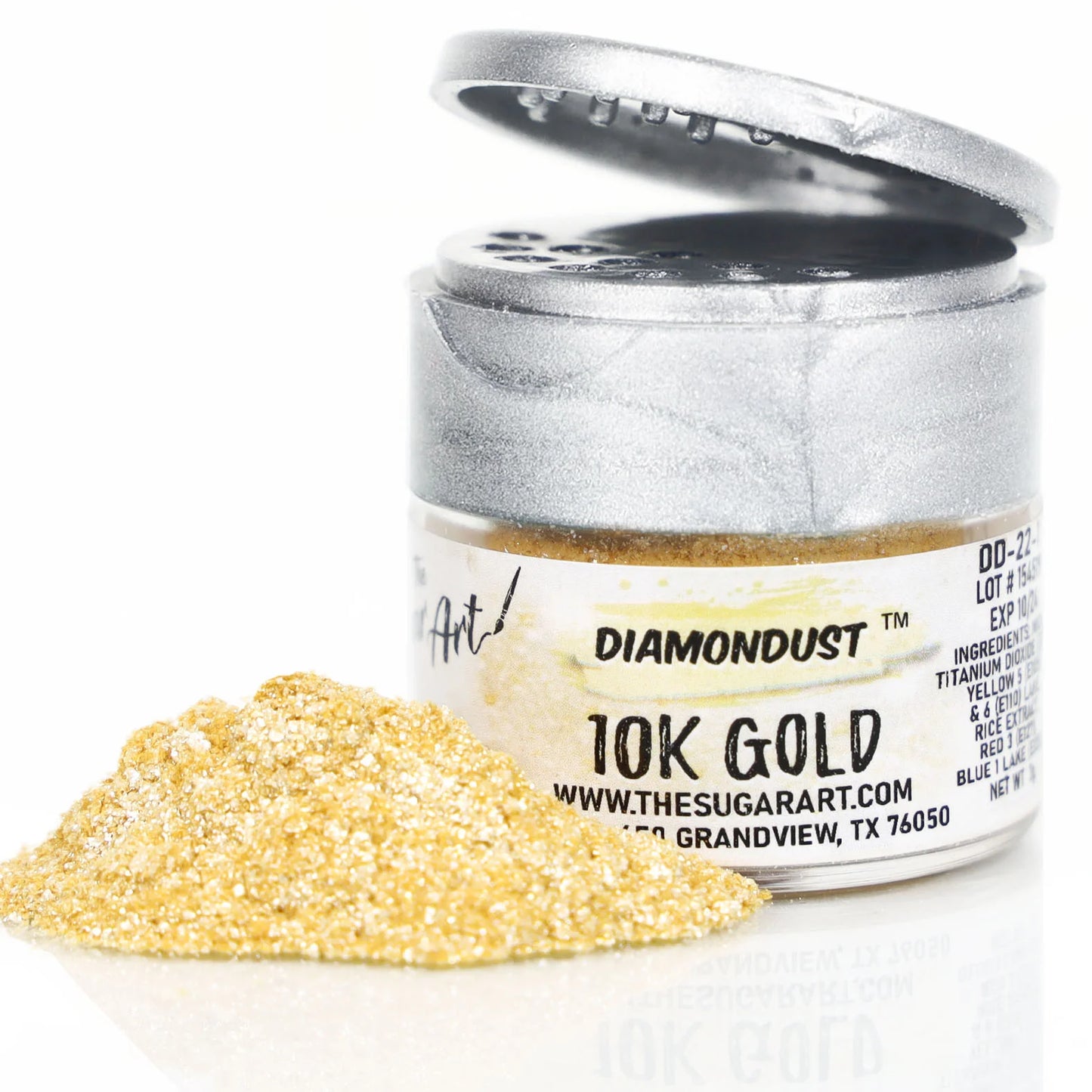 Open jar of DiamondDust 10K Gold edible glitter with a metallic silver lid and a mound of pale, bright gold sparkles beside it; label reads “10K GOLD.”