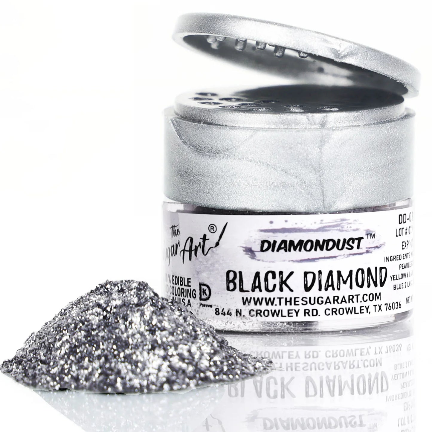 Open jar of DiamondDust Black Diamond edible glitter with a mound of fine black-silver sparkle in front; silver flip-top lid and label visible, showing metallic shimmer.