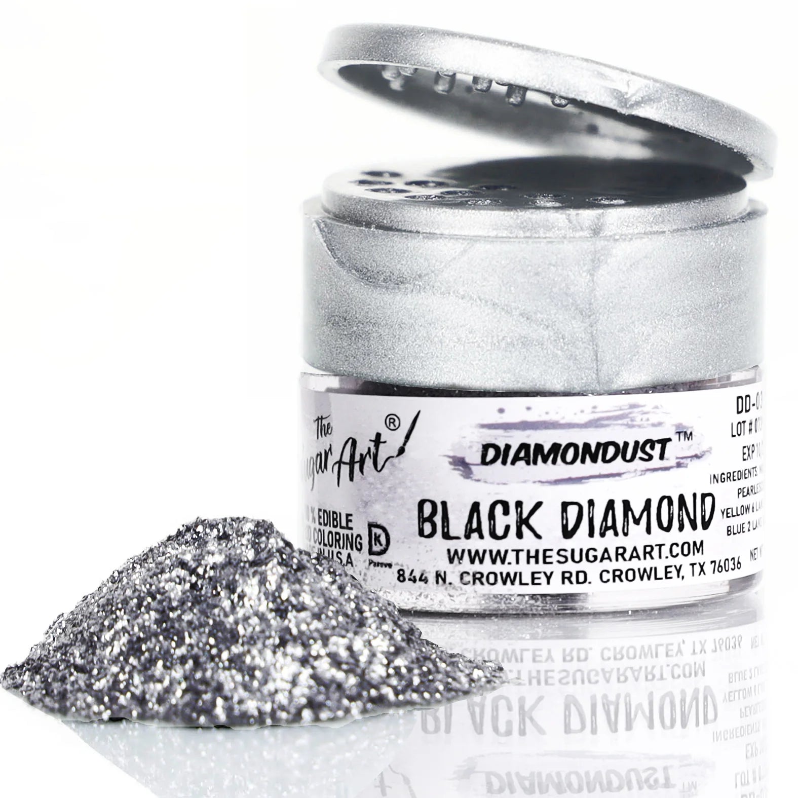 Open jar of DiamondDust Black Diamond edible glitter with a mound of fine black-silver sparkle in front; silver flip-top lid and label visible, showing metallic shimmer.