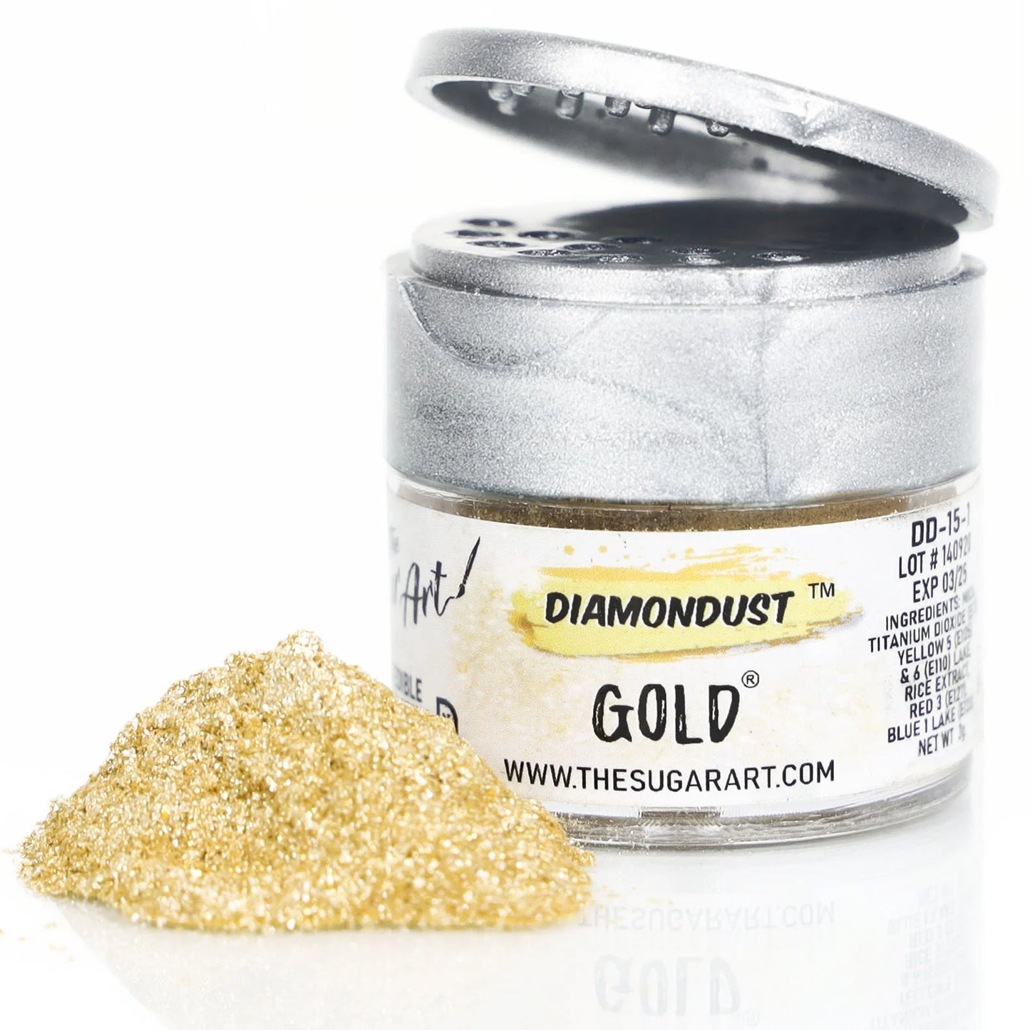 Open jar of DiamondDust Gold edible glitter with a metallic silver lid and a small mound of sparkling rich gold glitter beside it; label reads “DIAMONDUST GOLD.”