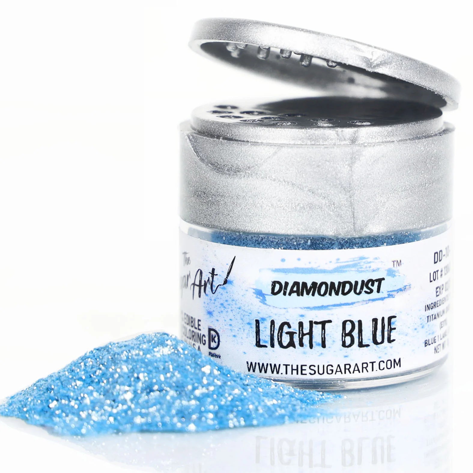 Open jar of DiamondDust Light Blue edible glitter with a small mound of icy blue sparkle beside it; silver flip-top lid and “LIGHT BLUE” label visible, fine shimmer texture.