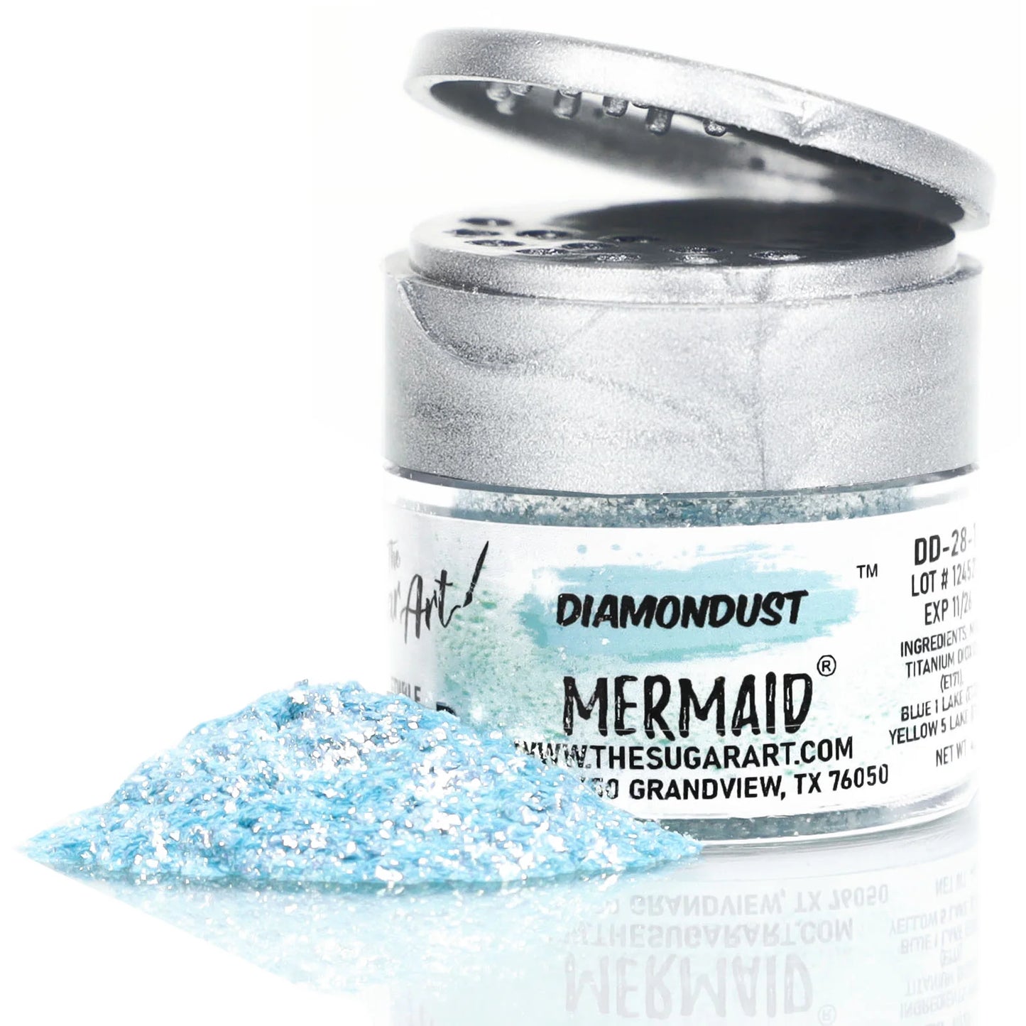 Open jar of DiamondDust Mermaid edible glitter with a small mound of bright aqua-blue sparkle and subtle gold highlights; silver flip-top lid and “MERMAID” label visible.