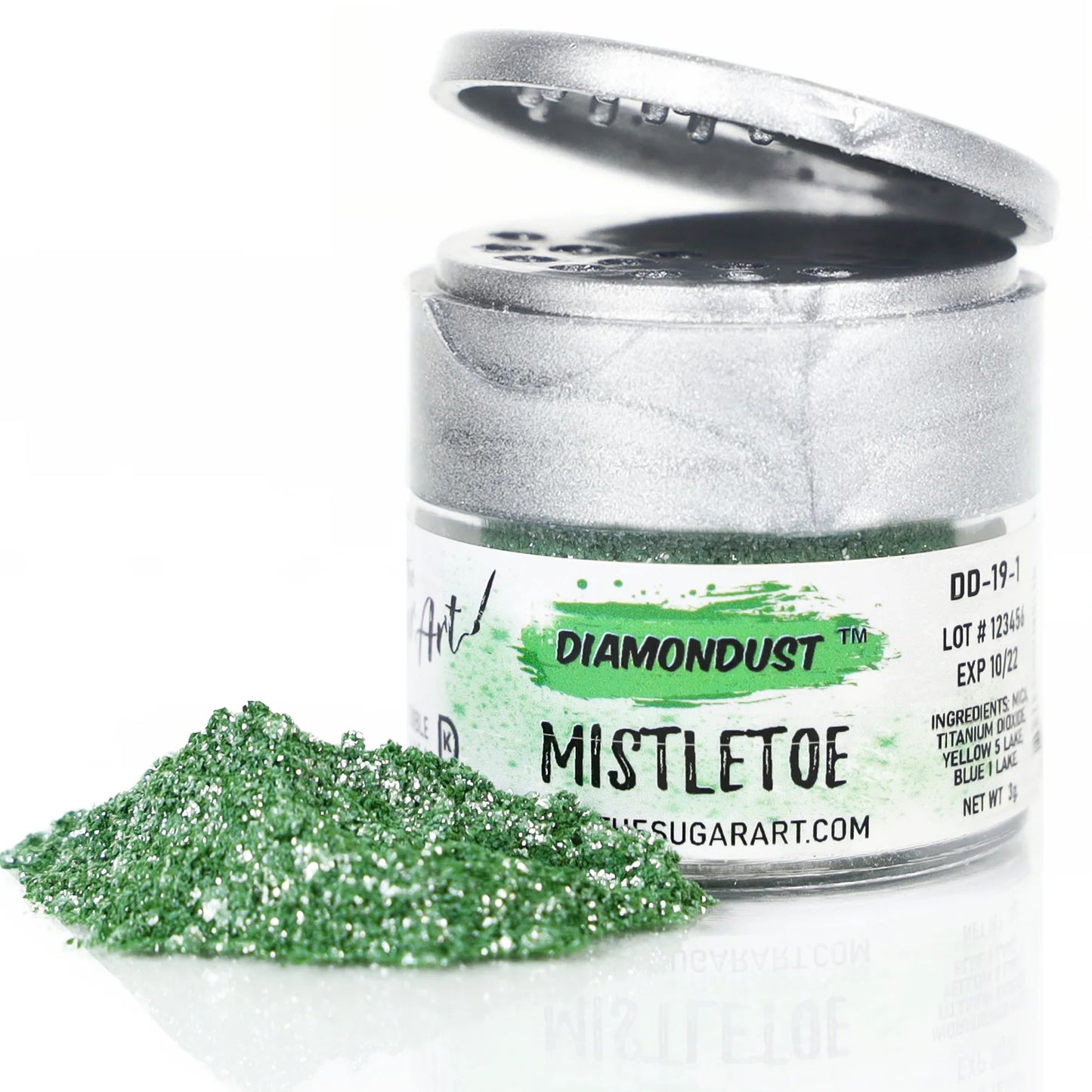 Open jar of DiamondDust Mistletoe edible glitter with a small mound of dark green sparkle beside it; silver flip-top lid and “MISTLETOE” label visible. Fine shimmer texture for cake and cookie decorating.