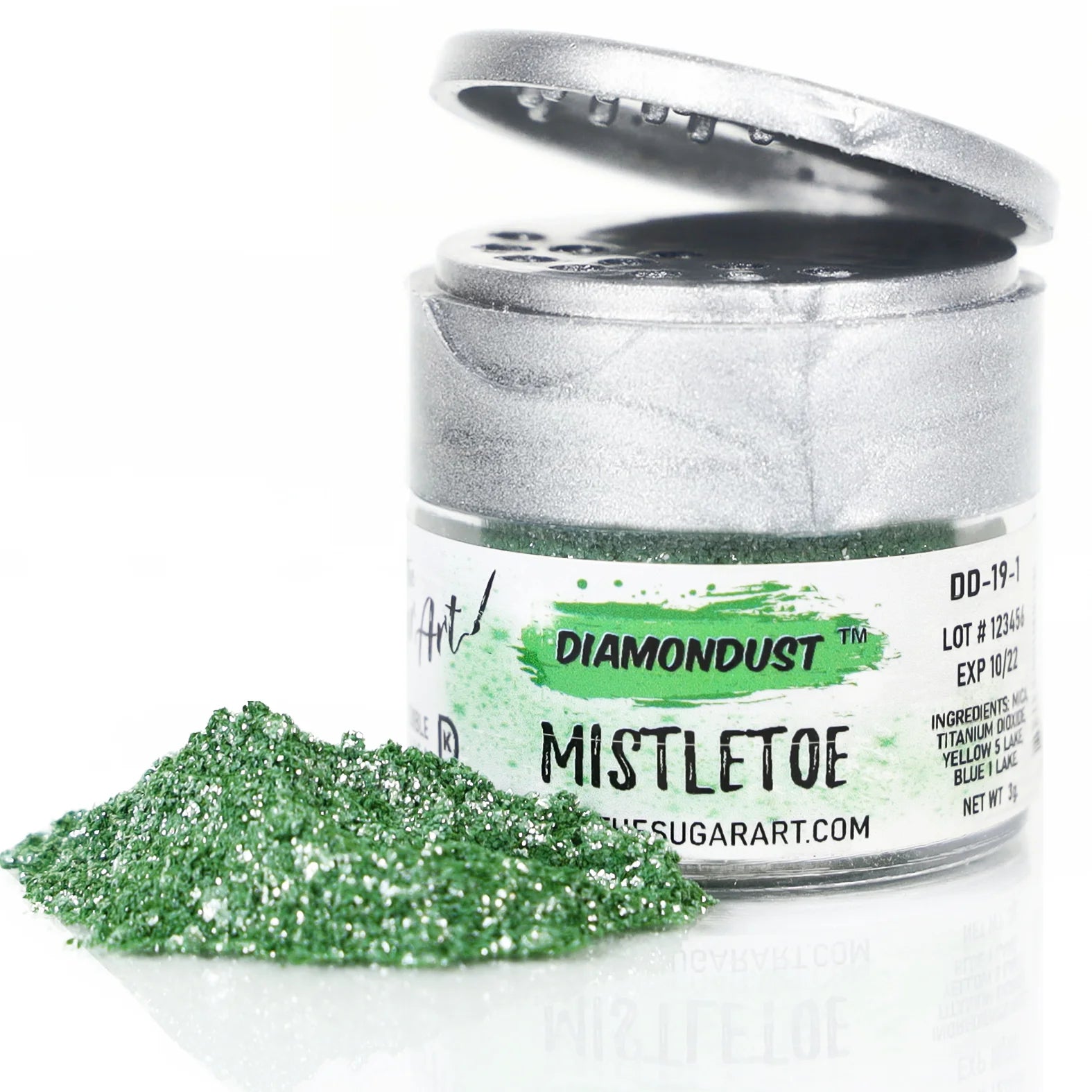 Open jar of DiamondDust Mistletoe edible glitter with a small mound of dark green sparkle beside it; silver flip-top lid and “MISTLETOE” label visible. Fine shimmer texture for cake and cookie decorating.