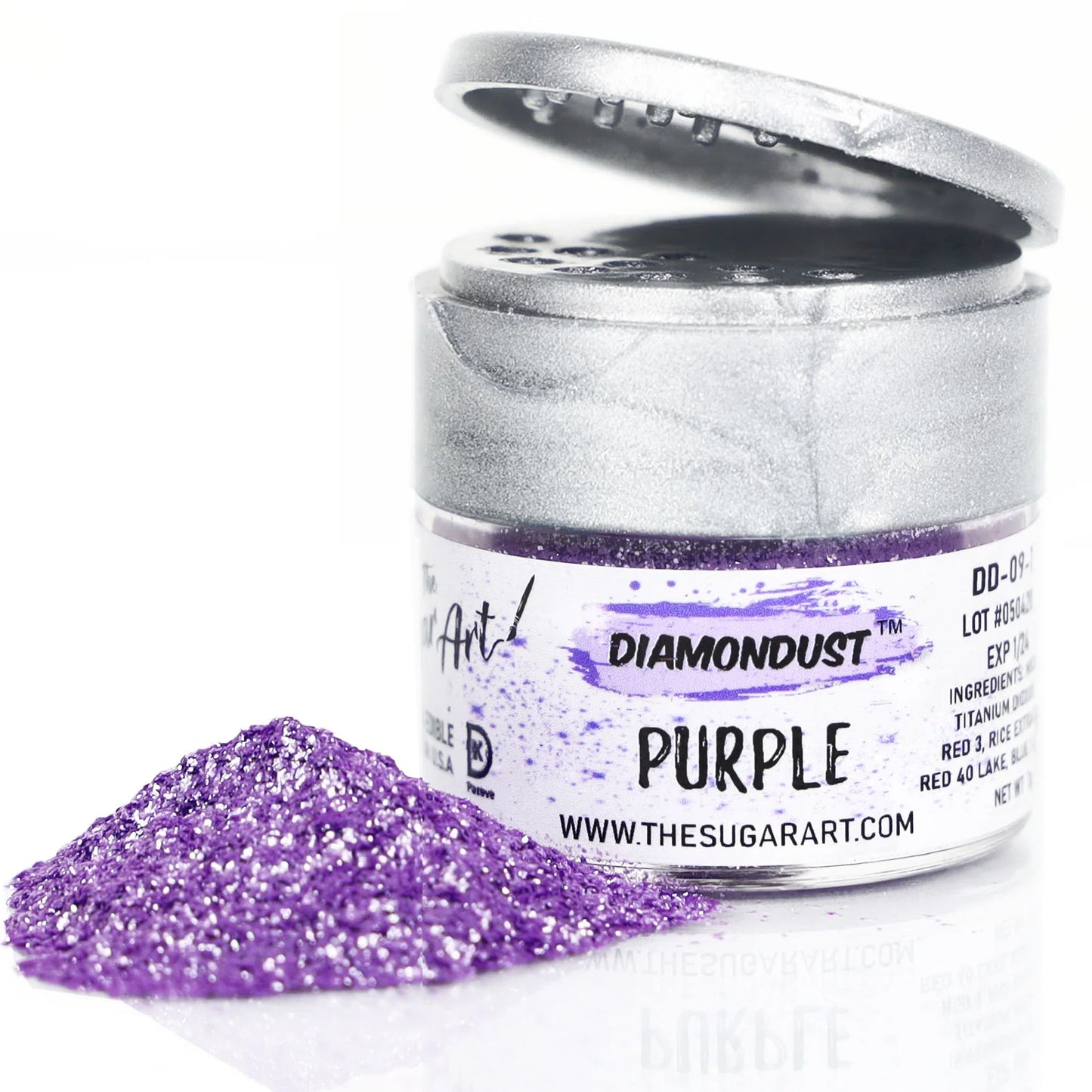 Open jar of DiamondDust Purple edible glitter with a mound of sparkling violet dust in front; silver flip-top lid and “PURPLE” label visible, showing fine shimmer texture.
