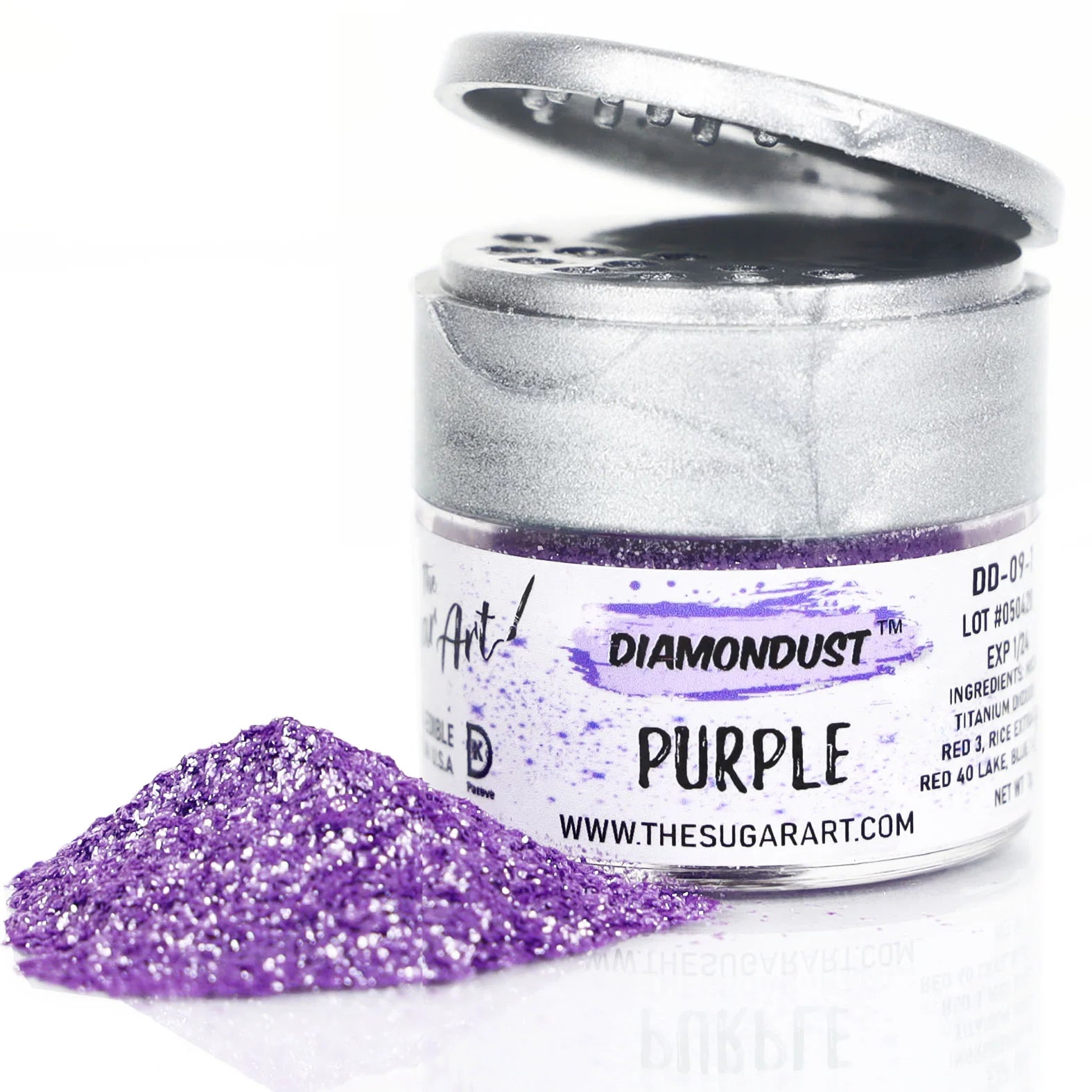 Open jar of DiamondDust Purple edible glitter with a mound of sparkling violet dust in front; silver flip-top lid and “PURPLE” label visible, showing fine shimmer texture.