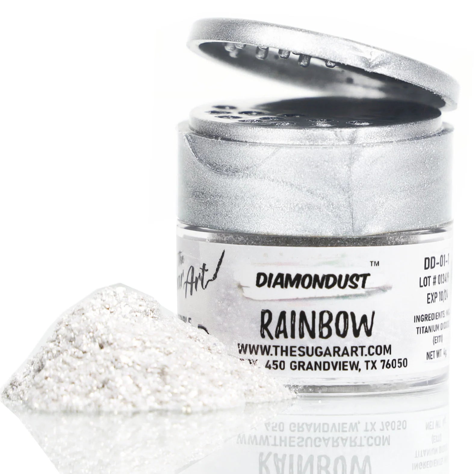 Open jar of DiamondDust Rainbow edible glitter with a metallic silver lid and a small mound of fine white glitter that reflects subtle rainbow hues; label reads “RAINBOW.”