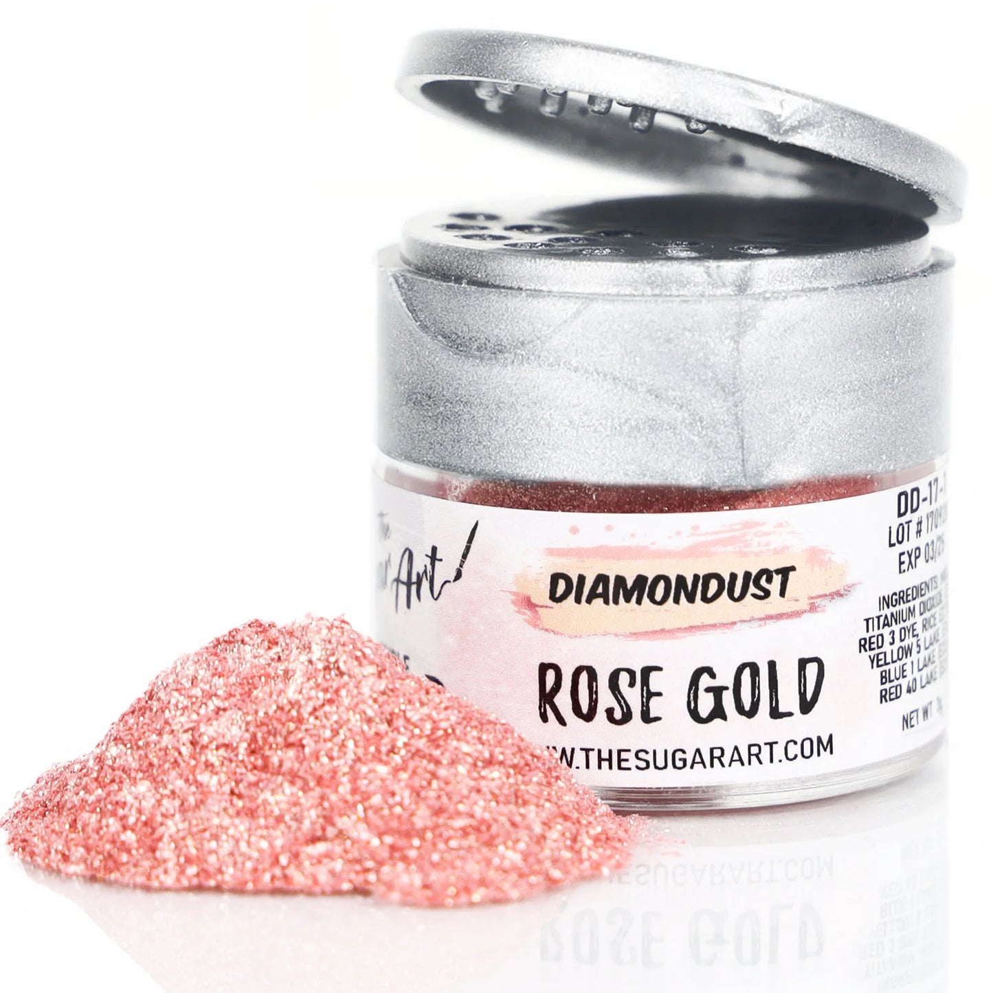 Open jar of DiamondDust Rose Gold edible glitter with a shimmering pink-gold pile in front; fine sparkle texture, silver flip-top lid, product label visible.