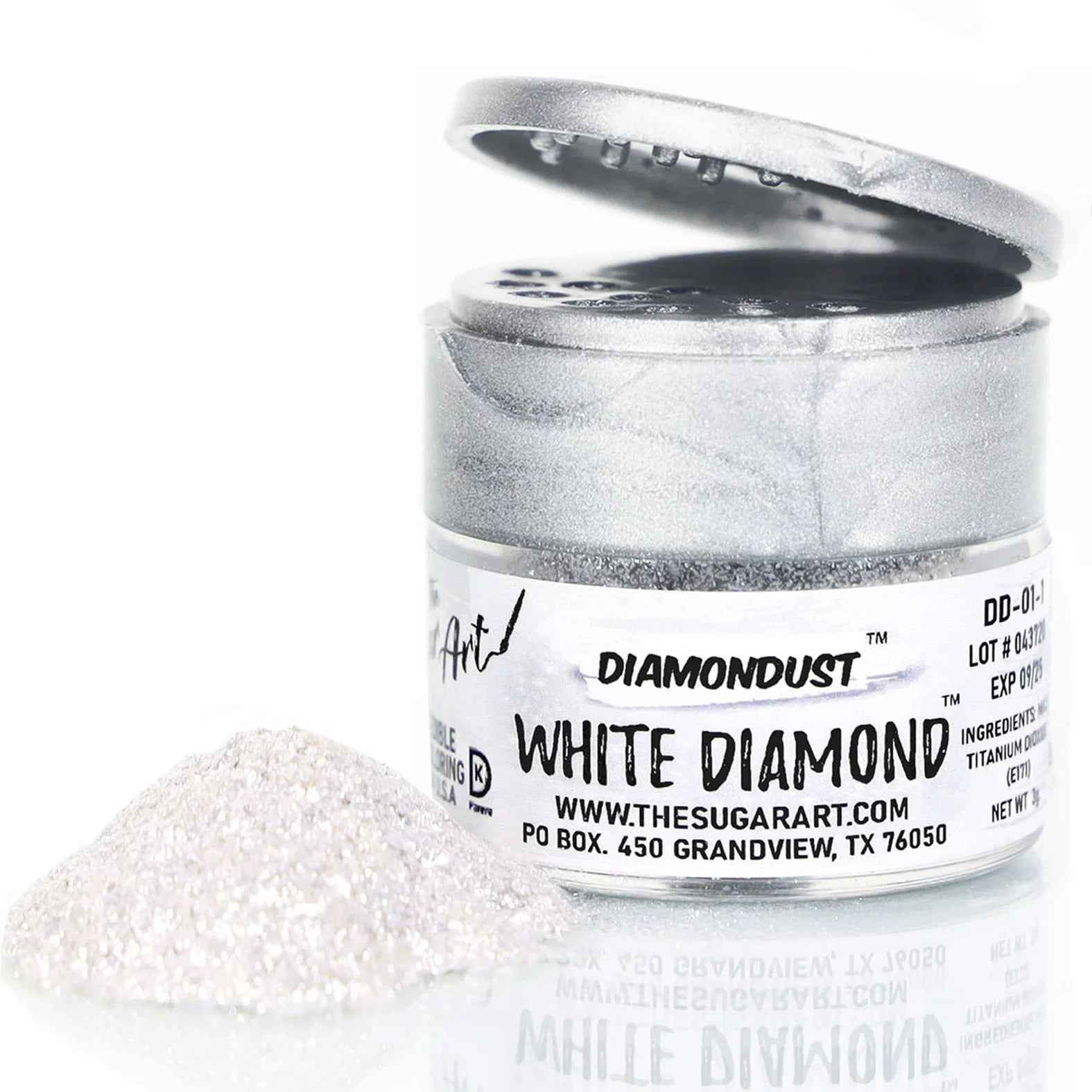 Open jar of DiamondDust White Diamond edible glitter with a metallic silver lid and a small pile of fine, shimmering white sparkles beside it; product label reads “WHITE DIAMOND.”