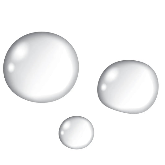 Three glossy clear drops of edible glue in different sizes, shown on a white background.