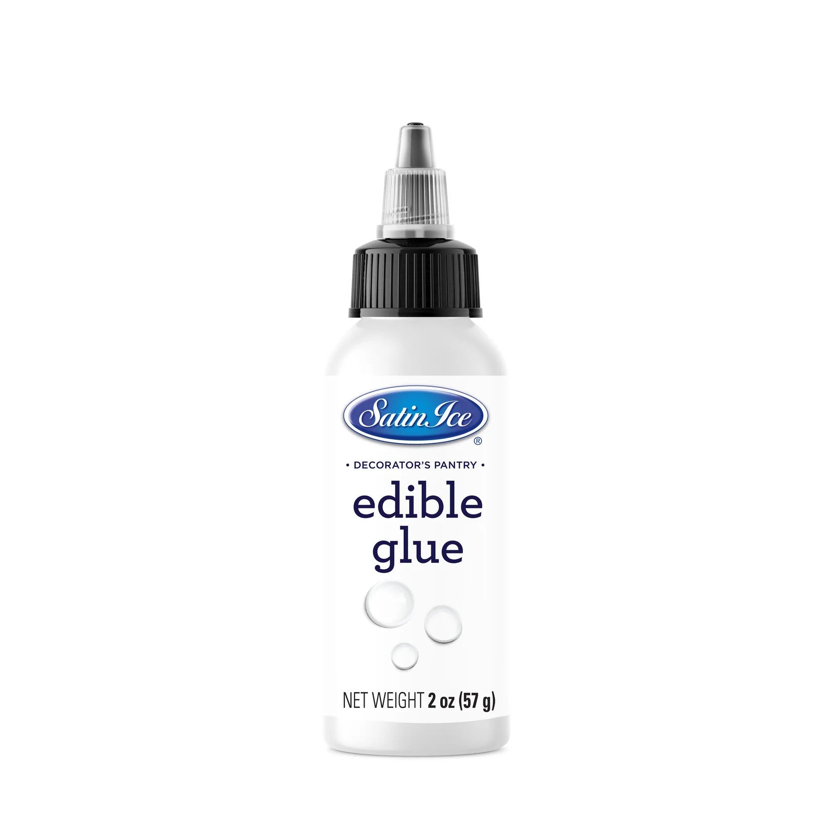 Satin Ice edible glue bottle with a black twist cap and clear precision nozzle, white label reading “edible glue,” and net weight 2 oz on a white background.