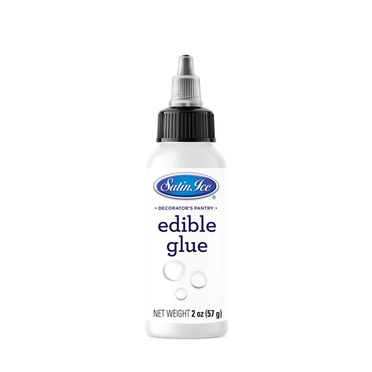 Satin Ice edible glue bottle with a black twist cap and clear precision nozzle, white label reading “edible glue,” and net weight 2 oz on a white background.