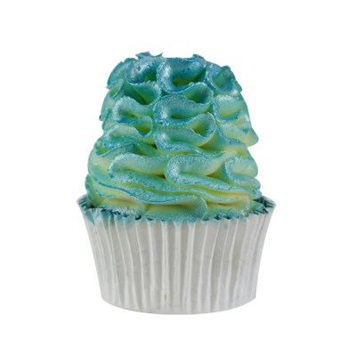 A cupcake decorated with buttercream, coated in a vibrant baby blue shimmer from the PME Edible Lustre Spray.