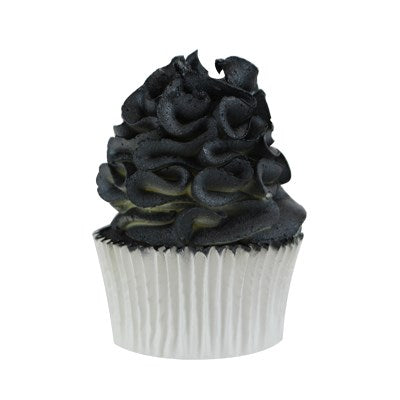 A cupcake decorated with buttercream, coated in a vibrant black shimmer from the PME Edible Lustre Spray.