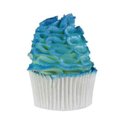 A cupcake decorated with buttercream, coated in a vibrant blue shimmer from the PME Edible Lustre Spray.