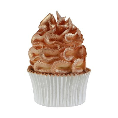 A cupcake decorated with buttercream, coated in a vibrant Bronze shimmer from the PME Edible Lustre Spray.