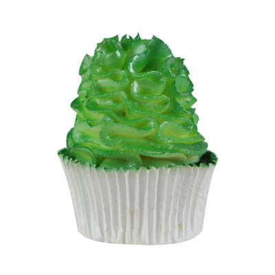 A cupcake decorated with buttercream, coated in a vibrant green shimmer from the PME Edible Lustre Spray.