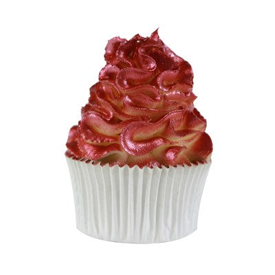 A cupcake decorated with buttercream, coated in a vibrant red shimmer from the PME Edible Lustre Spray.