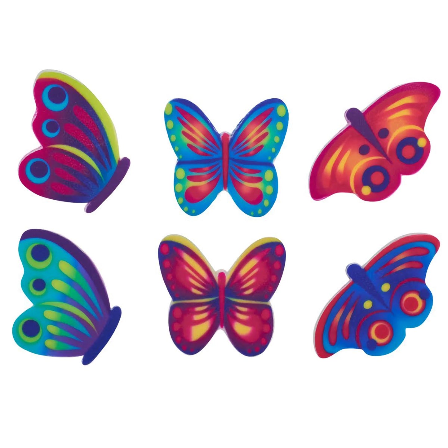 A vibrant collection of six butterfly-shaped edible decorations in bold, bright colors. Each butterfly features intricate wing patterns with dots and stripes, making them a playful and eye-catching choice for decorating confections aimed at a fun and festive occasion.
