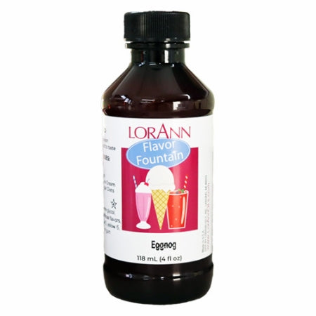 LorAnn Eggnog Flavor Fountain bottle with illustrated label of ice cream and milkshakes, used to flavor frozen desserts with classic holiday eggnog taste