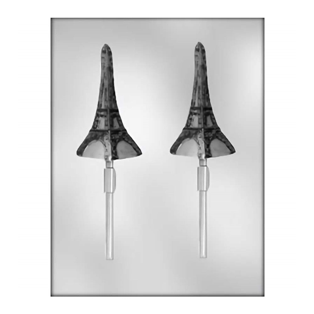 A chocolate mold featuring two cavities in the shape of the Eiffel Tower, each with a stick holder to create lollipop treats. The design captures the iconic lattice structure of the Parisian landmark, ideal for themed parties or as a tribute to French culture.