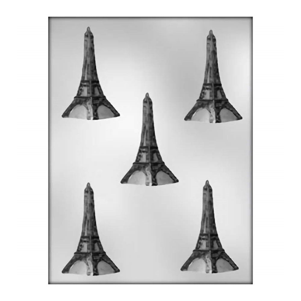 A plastic mold designed for crafting chocolate Eiffel Towers, displaying four intricate Eiffel Tower shapes that capture the iconic lattice structure, suitable for Paris-themed parties or as elegant dessert garnishes.