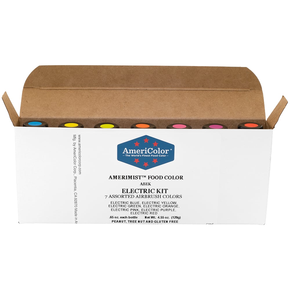Open AmeriColor® Electric AmeriMist™ airbrush food coloring kit box showing seven bottles with bright color caps, including blue, yellow, green, orange, pink, purple, and red.