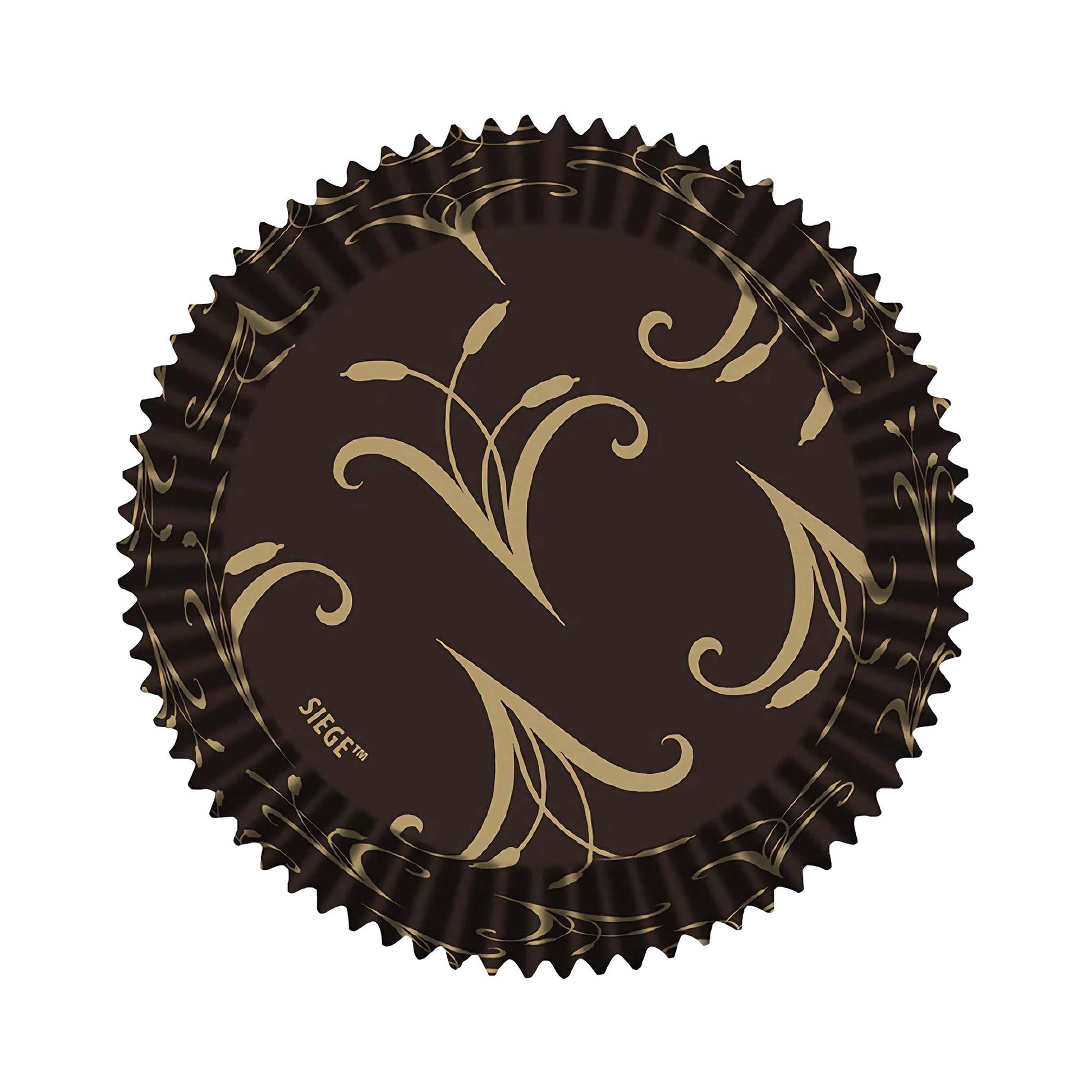 Overhead view of a single jumbo baking cup featuring a gold swirl pattern on dark paper.