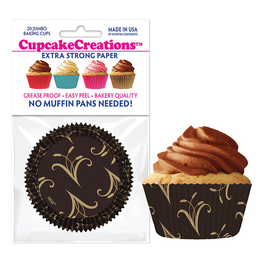 Package of 20 Elegant Jumbo Baking Cups in black with gold scroll design, next to a finished cupcake.